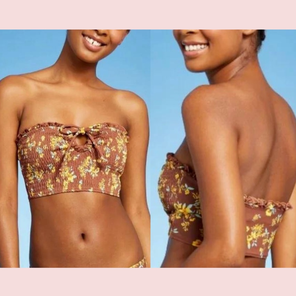 NEW $23‎ Xhilaration [ Medium ] Smocked Ruffle Bandeau Bikini Top Brown